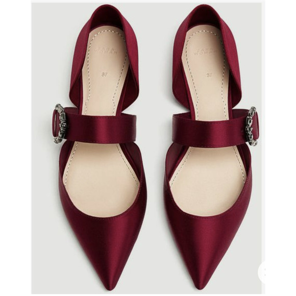ZARA BALLERINAS GEM RHINESTONE BUCKLE SATIN RED FLATS SHOES. 6 - Picture 2 of 9